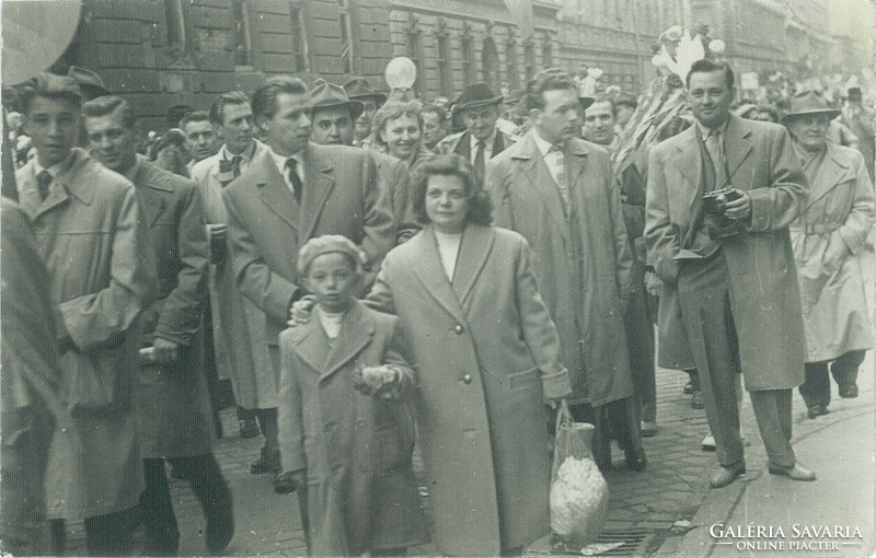 A parade, sometime after the liberation, on the streets of Budapest. Original paper image.