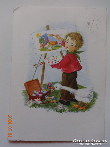 Old graphic greeting card: a boy painting a landscape with a goose