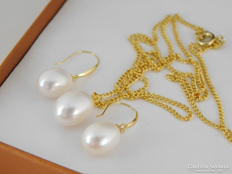 Pearl 18k gold pendant + 18k earrings jewelry set + gift necklace