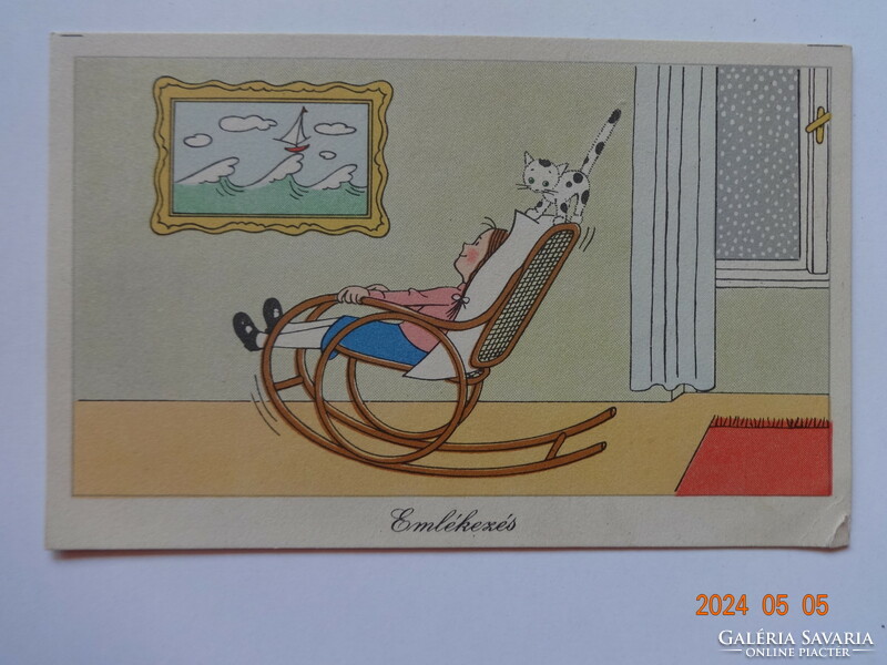 Old graphic humorous greeting card: remembrance - László Réber's drawing