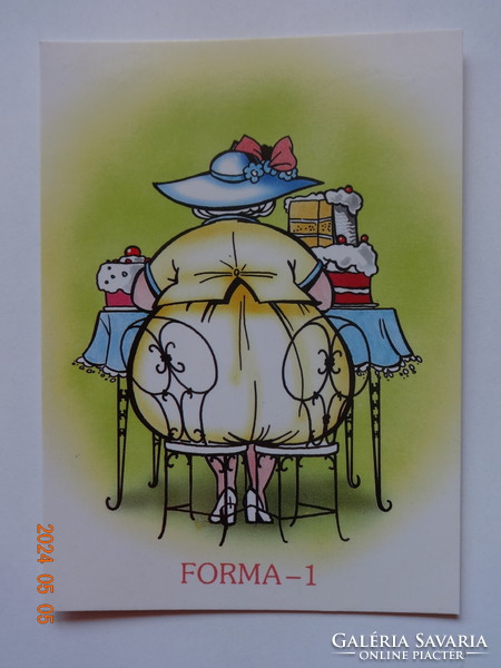 Régi grafikus humoros üdvözlő képeslap: FORMA-1 - postatiszta
