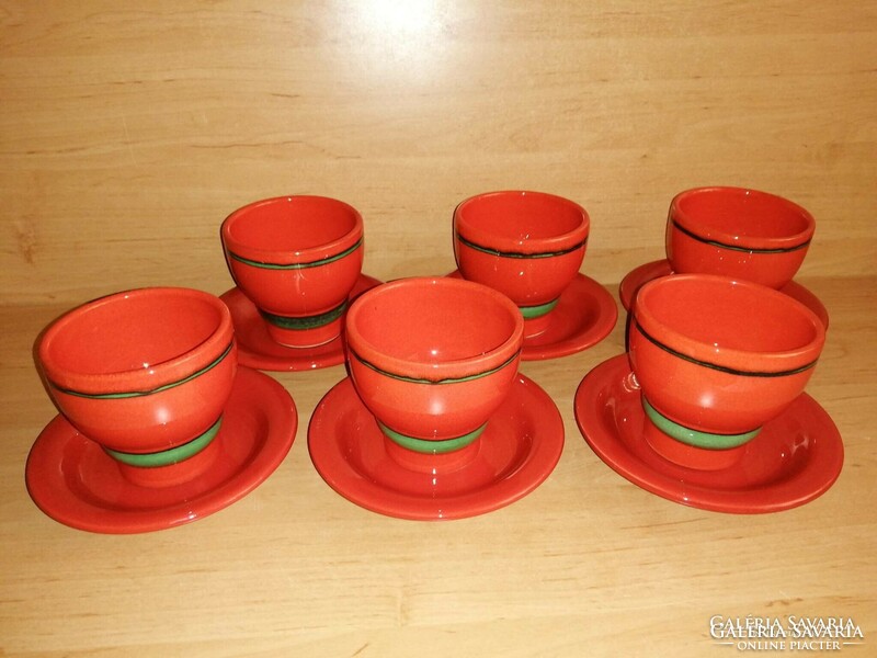 Német piros kerámia bögre, csésze, pohár zöld csíkkal, aljjal 6 személyes készlet (31/d)