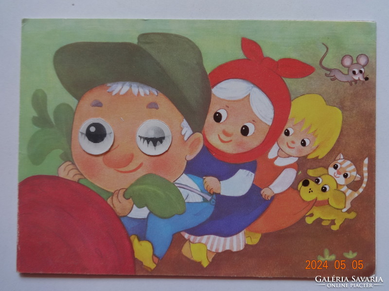 Old, retro graphic winking postcard, fairy tale characters, post clean