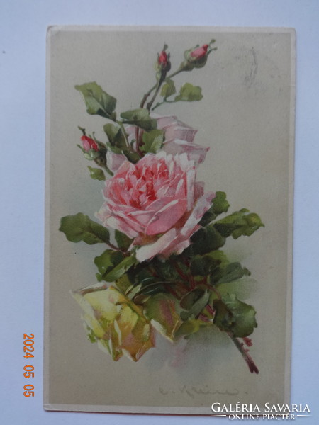 Old graphic floral greeting card, catherine klein drawing