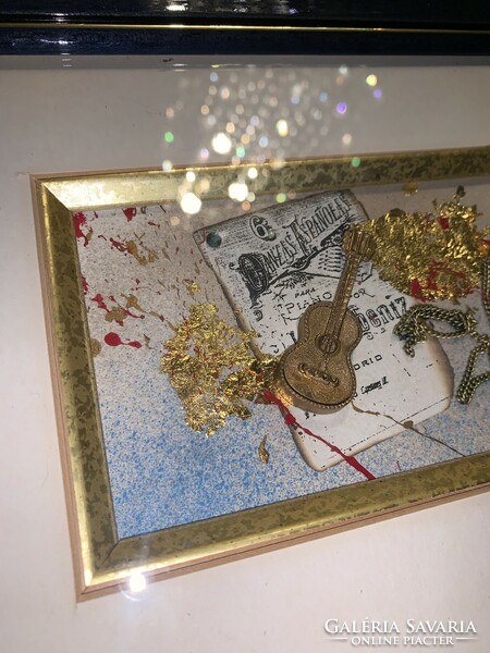 3D image collage with music theme, violin disc and golden details signed by salvatore coccia