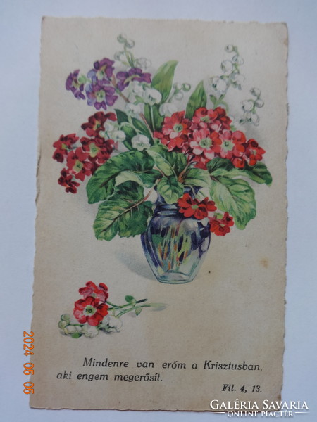Régi grafikus virágos (vallásos) üdvözlő képeslap, Boór Vera rajz