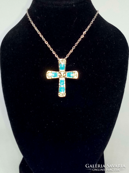 Silver plated blue synthetic fire opal and clear cz crystal cross pendant necklace 97