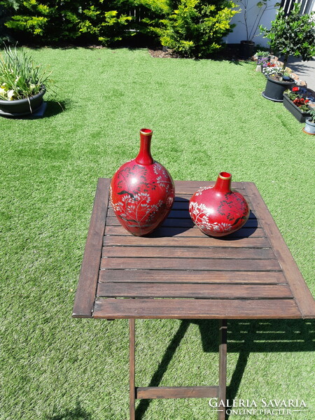 Red, oriental-style hand-painted vase duo