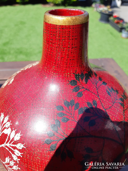 Red, oriental-style hand-painted vase duo