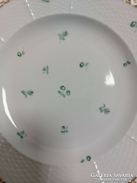 Herendi zöld virágmintás, aranyszélű, porcelán lapos tányérok, 5db