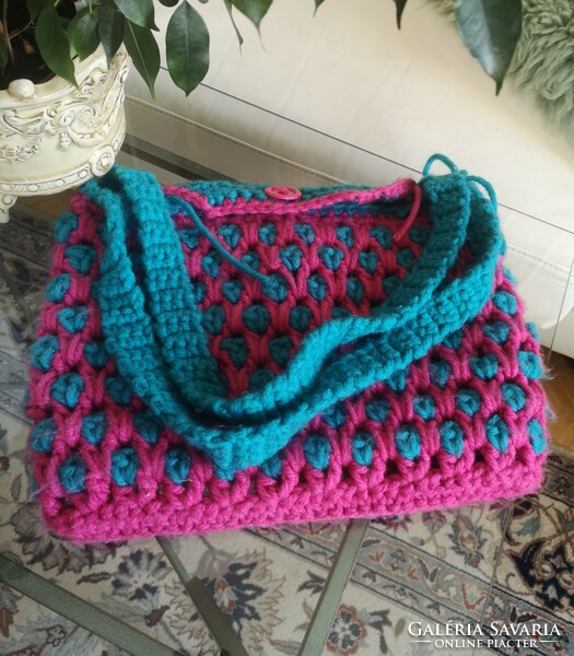 Handmade, cyclamen-turquoise crochet shoulder bag 31 x 37 cm