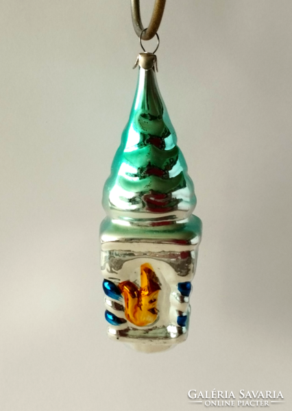 Old glass Christmas tree ornament, forest cottage, rare figure