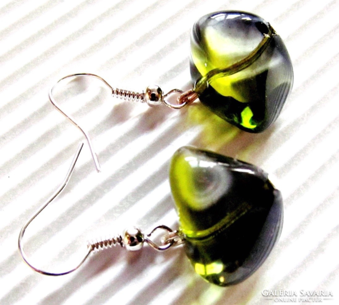 Mossy green glass bead dangling earrings on a stainless steel hook, glass bead jewelry