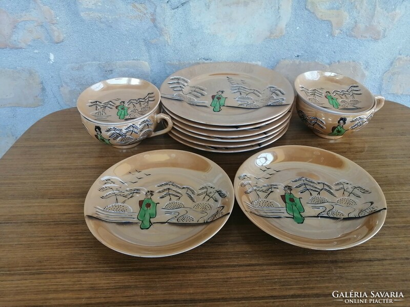 Kézi festésű tojáshéj porcelán csésze,  csészealátét, csészetető, süteményes tányér, gésa dekorral