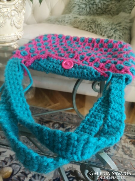 Handmade, cyclamen-turquoise crochet shoulder bag 31 x 37 cm