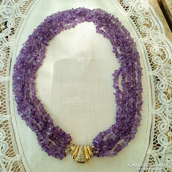 5-row natural amethyst necklace with gold-plated silver clasp