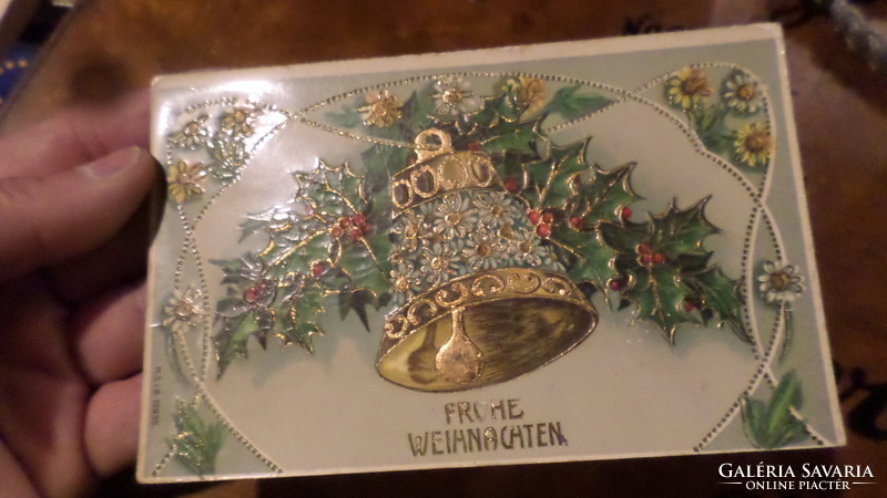 Old Christmas postcard, gilded, embossed.