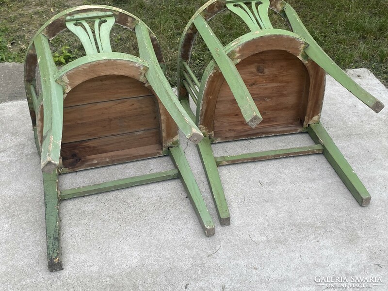 2 antique Art Nouveau chairs with armrests, provence green, worn paint