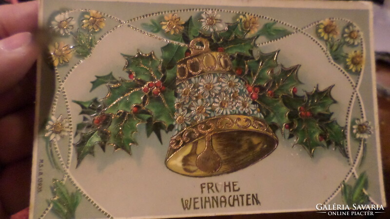 Régi , karácsonyi képeslap , aranyozott , dombornyomott .