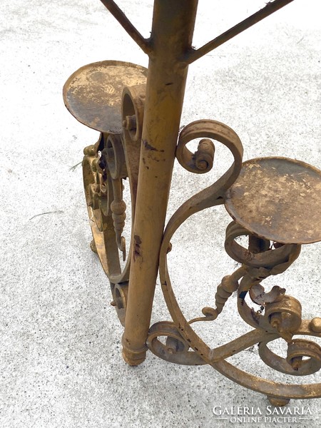 Antique wrought iron 3-legged flower stand with mustard yellow paint