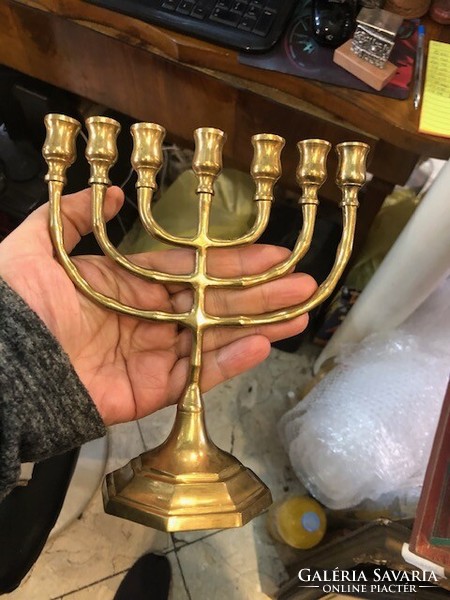Menorah made of copper alloy, 16 cm high, old piece.