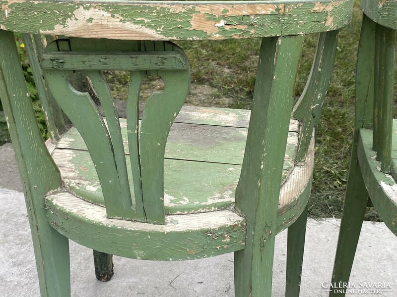 2 antique Art Nouveau chairs with armrests, provence green, worn paint
