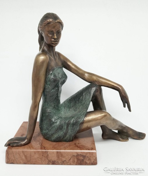 Czobor Sándor "Támaszkodó lány" bronzszobor, eredetiségigazolás,ingyen posta