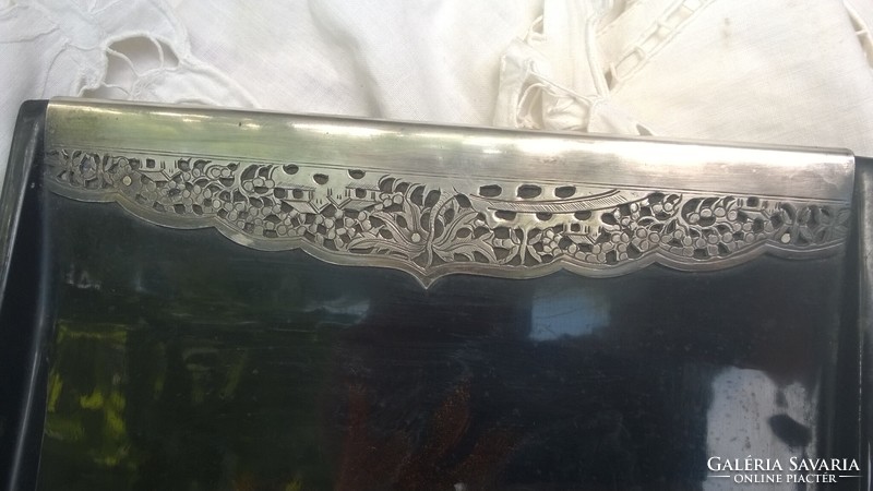 Silver plated with tongs, black lacquer tray with swimming fish - hanoi 32.5x21.5 cm