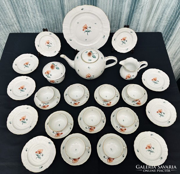 Old Herend poppy pattern tea set for 9 people + cake set 1925-1927 (33 pieces).