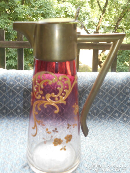 Antique enamel-painted Art Nouveau glass decanter with a copper lid