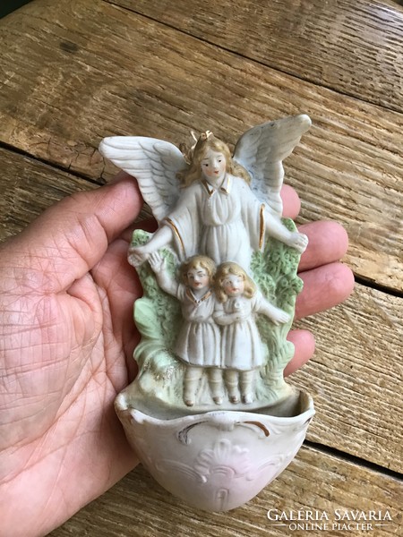 Antique angel biscuit porcelain wall holy water holder