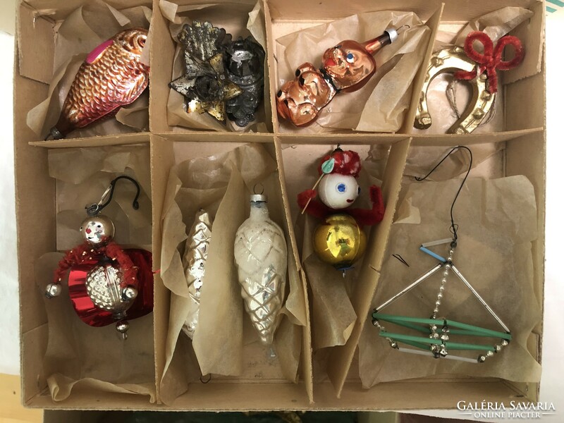Antique, old Christmas tree decoration package in a box of 10 (ladybug, Gablonz boat, dog...)