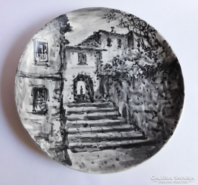 Casucci Chianciano kerámia tányér kézzel festett városképpel