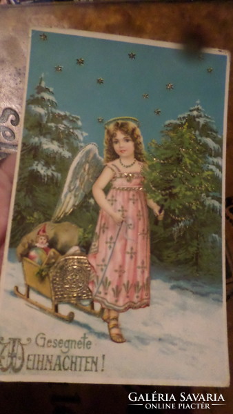 Régi , karácsonyi , angyalkás képeslap , aranyozott mintával .