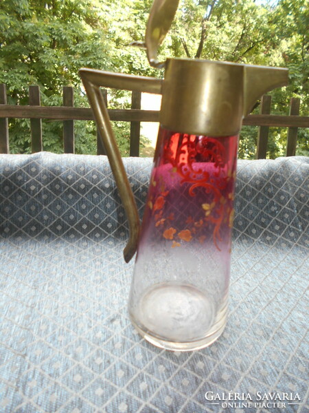 Antique enamel-painted Art Nouveau glass decanter with a copper lid