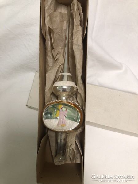 Antik, régi karácsonyfadísz, 27 cm-es angyalkás diorámás csúcsdísz dobozában