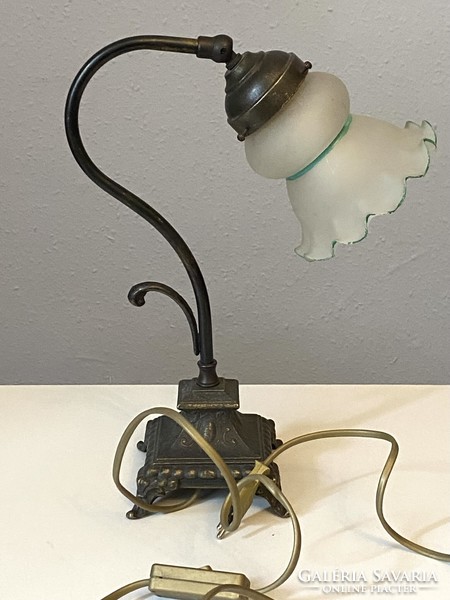 Antique metal table lamp with a romantic frilled glass shade 33 cm