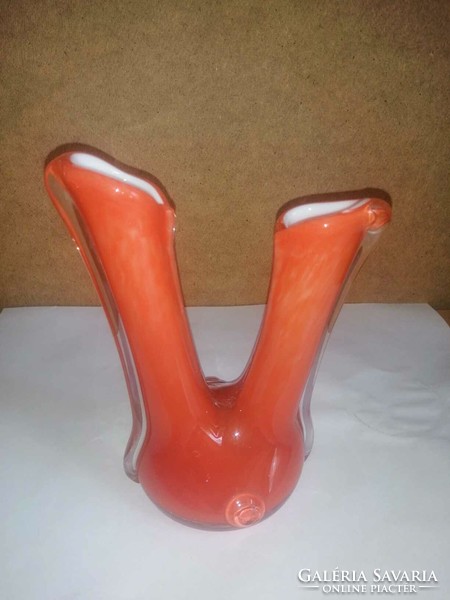 Muranoi kétnyakú narancs színű üveg váza 20 cm magas (6/d)