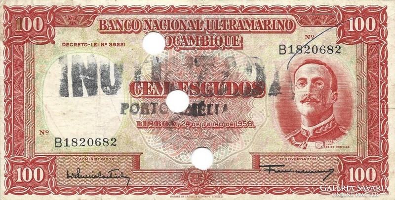 100 escudo escudos 1958 érvénytelenített Mozambik Ritka