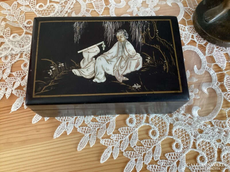 Antique Chinese lacquer box, with shell mother of pearl inlay, hand painted.