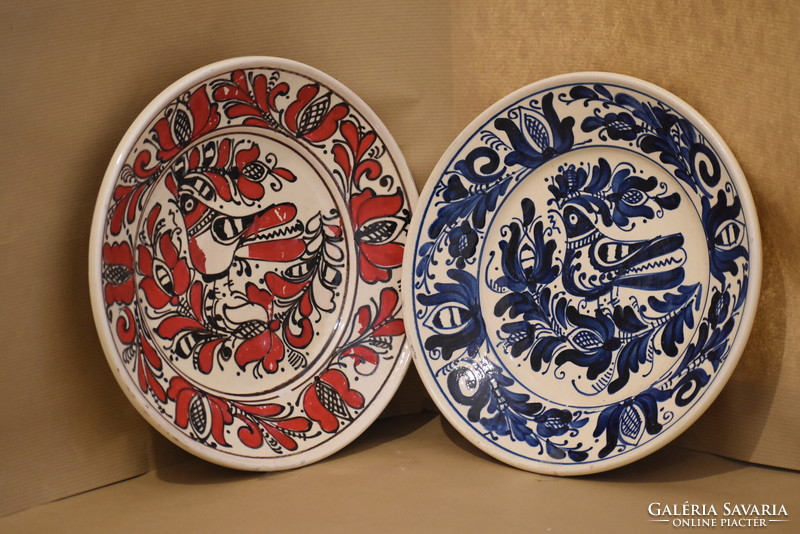 Korondi, 2 plates with a bird pattern - 27 cm diameter, marked