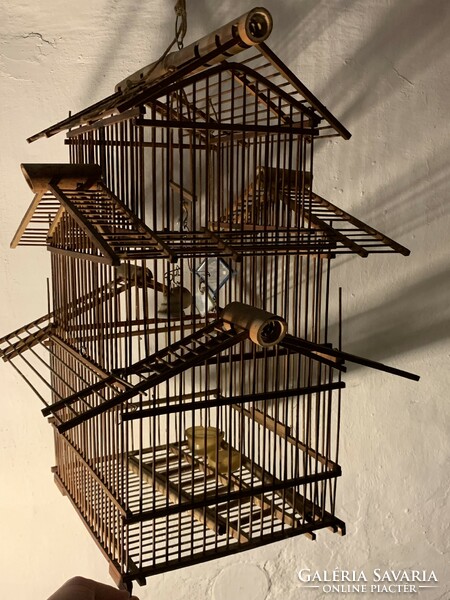 Antique pagoda-style wooden birdcage