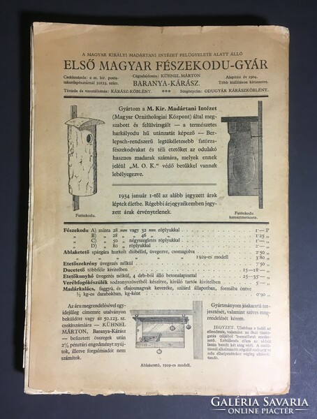 Aquila- A Magyar Kir. Madártani Intézet Folyóirata (szerk.Csörgey Titus) XXXVIII-XLI. Évfolyam,1934