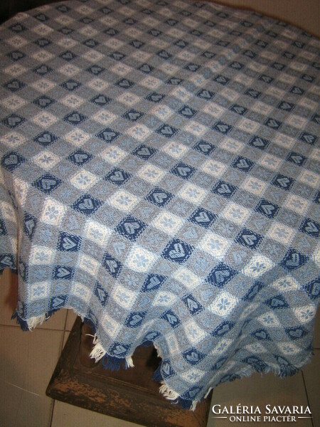 Beautiful vintage checkered heart woven tablecloth with fringed edges