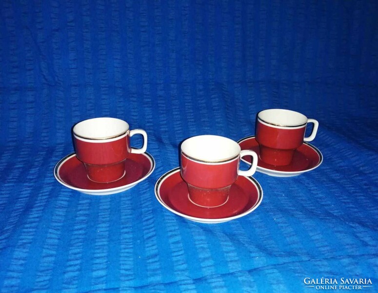 Hollóháza porcelain burgundy coffee cup with coaster for 3 people
