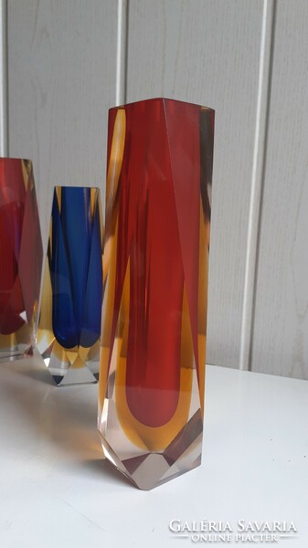 3 1960s glass vases + 1 ashtray by Flavio Poli for Seguso, made in Italy or Murano