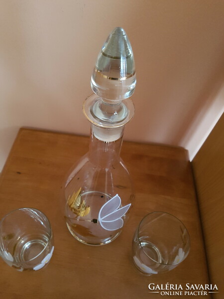 Nice old glass wine pourer, flawlessly painted with 2 glasses