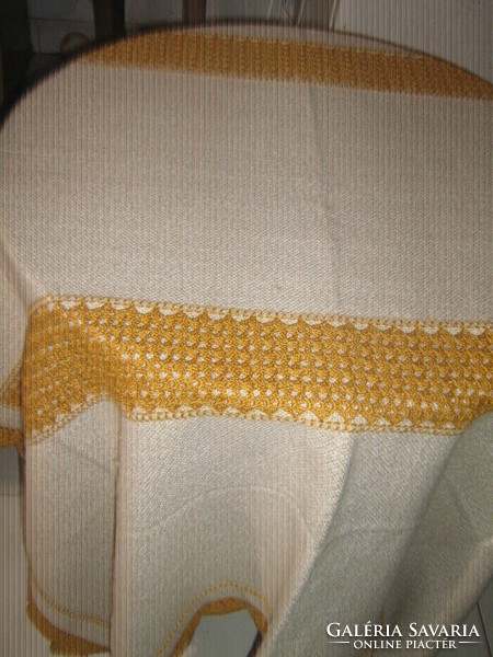 Wonderful antique beige wicker tablecloth with mustard yellow crochet lace