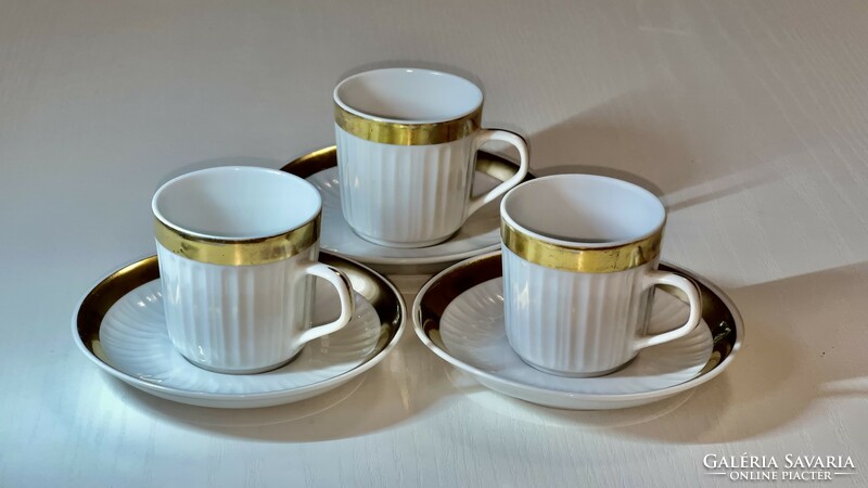1979.HOLLÓHÁZI RETRO MOKKÁS SZETT három darabos aranyozott csésze alátéttel