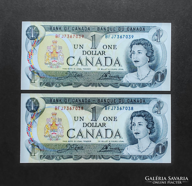 Canada 2 x $1 1973, unc serial numbered pair